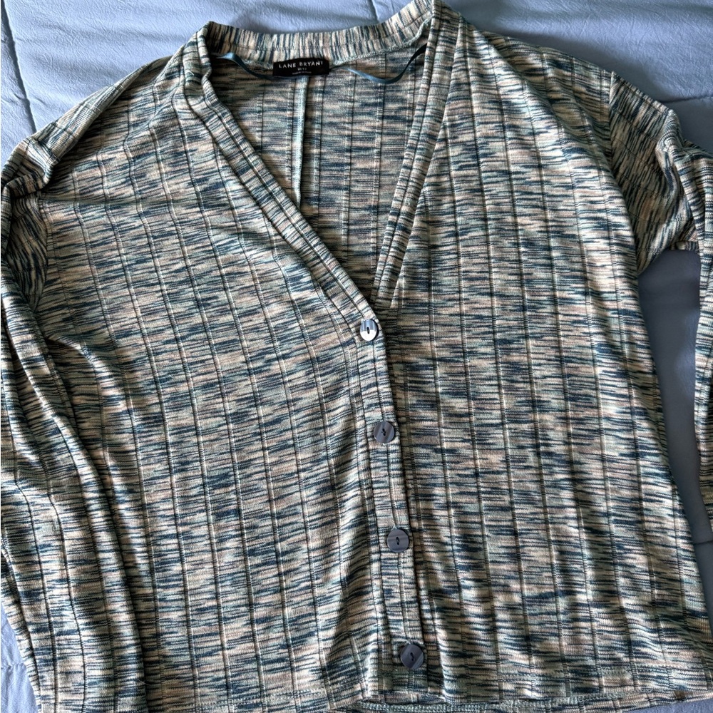 Lane Bryant Teal and Gray Striped Button-Up Shirt